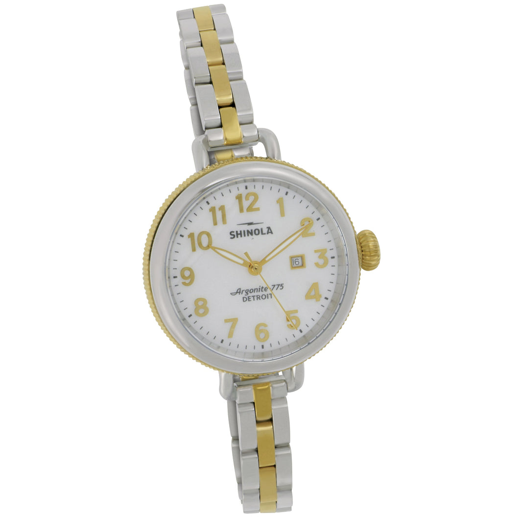 Shinola 34mm Birdy White Mother of Pearl Date Dial with two tone bracelet