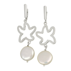 Sterling Silver Open Medium Starfish with Coin Pearl Euro Earring