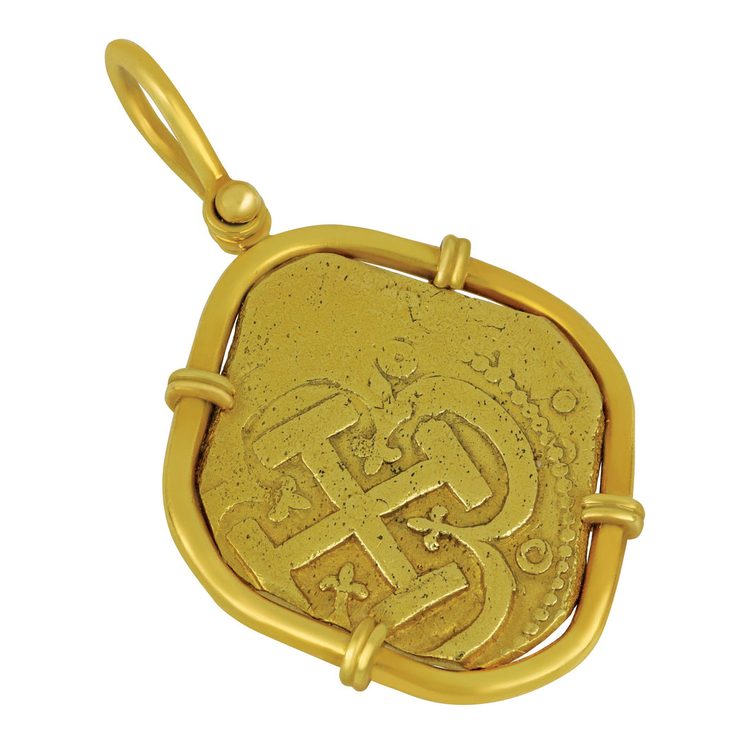 Spanish 8 Escudo coin 1715 Fleet 18 karat yellow gold frame Pendant