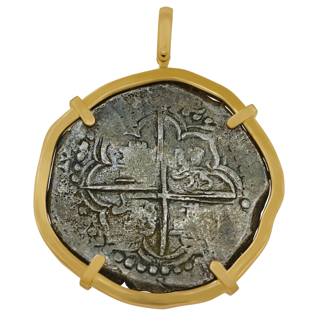 14 Karat Yellow Gold Bezeled Grade One Atocha Shipwreck Spanish 8 Reale Coin Pendant