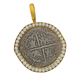 14 K Yellow Gold Bezeled Grade One Atocha Shipwreck Spanish 2 Reale Coin with Diamond Halo Pendant, D=1.23tw