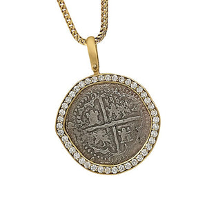 Atocha 2 Reale Coin set in Custom 14 Karat Yellow Gold Full Diamond Bezel Pendant