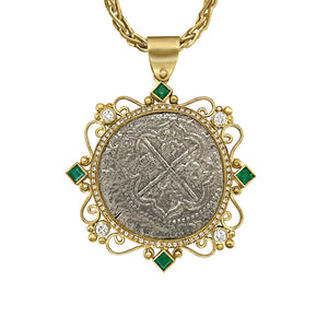 18 karat Yellow Gold Diamond and Emeralds Hand Bezeled Rare "Atocha Research Collection" Spanish 1 RL Grade 1 Reversable Pendant