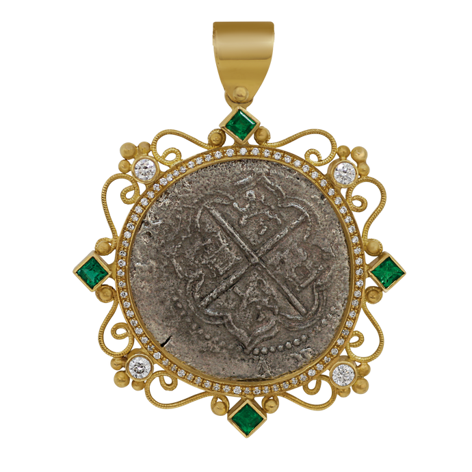 18k Yellow Gold Intricate Bezel Grade One Atocha Shipwreck Spanish 2-Reale Coin Pendant with Emeralds and Diamonds Pendant