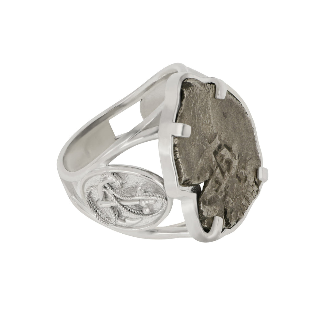 1 Reale 1700's Fleet Coin set in Custom Sterling Silver Anchor Ring, Size 9