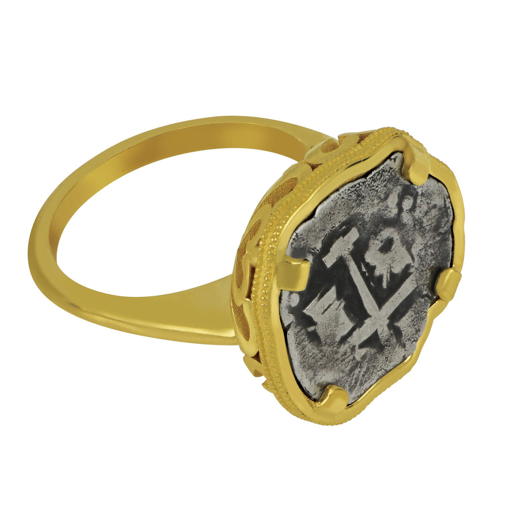 Spanish 1/2 Reale Coin set in Custom 14K Yellow Gold Ring, Size 6.75