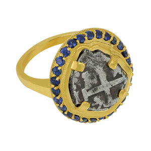 Spanish 1/2 Reale Coin set in Custom 14K Yellow Gold and Sapphire Bezel Ring, Size 7
