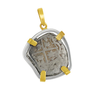 Spanish 1 Reale Fleet Coin Sterling Silver and 14 karat yellow gold frame Pendant
