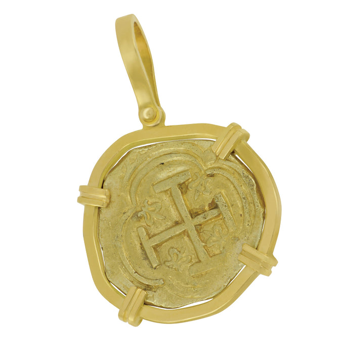 18 karat Yellow Gold Hand Bezeled Spanish 2 Escudo Pendant