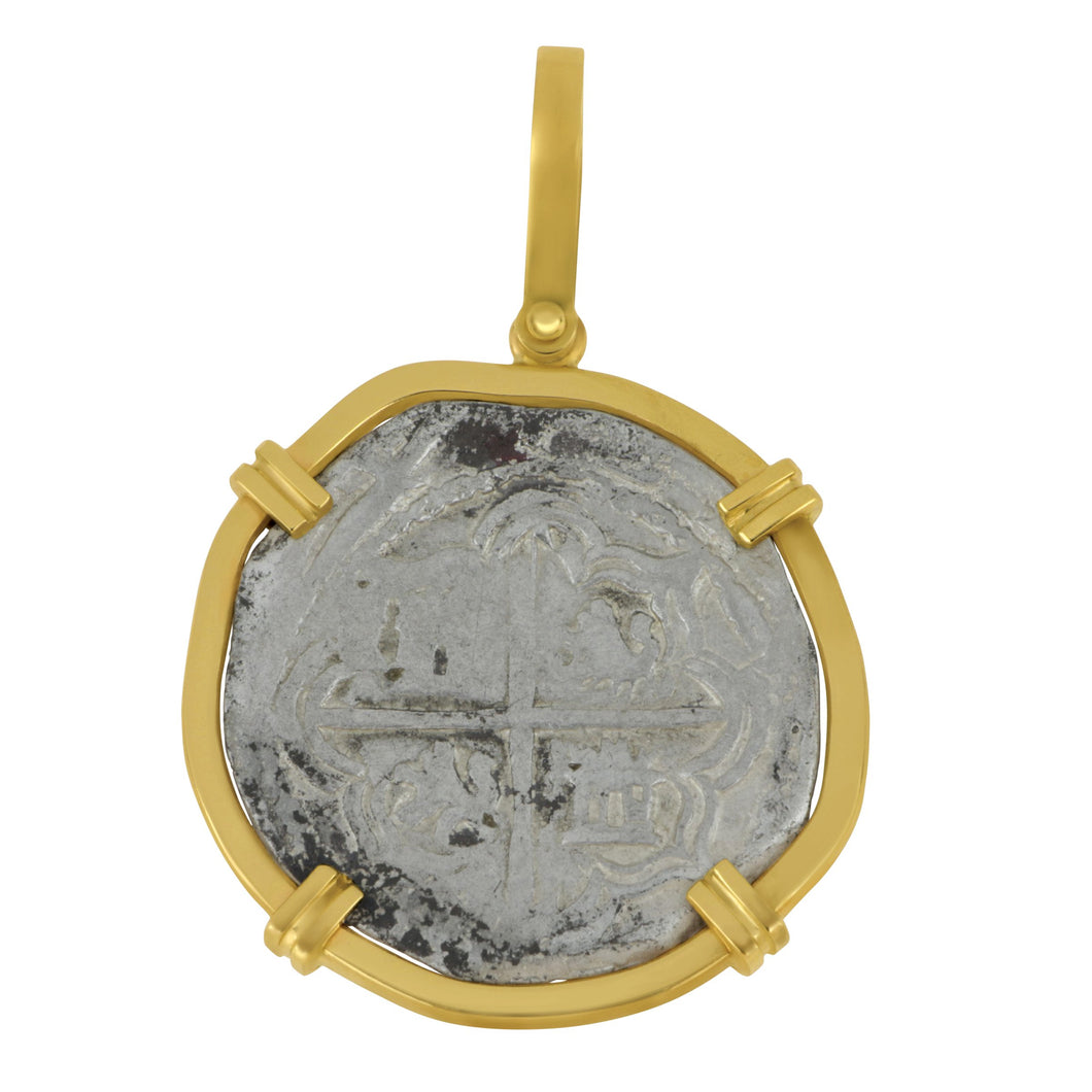 Spanish 2 Reale Phillip II Coin 14 karat yellow gold frame Pendant