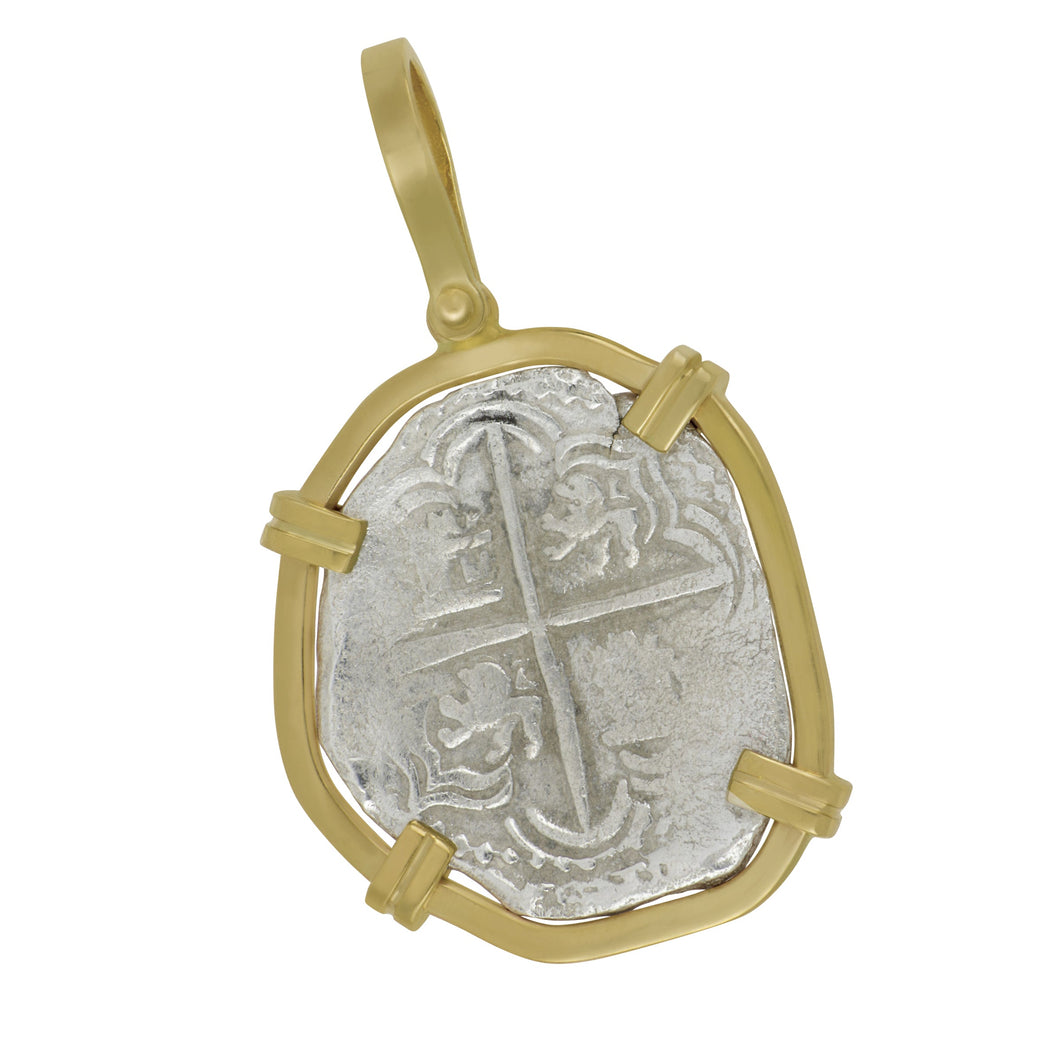 14 karat Yellow Gold Hand Bezeled Spanish Silver Atocha 2 Reale Pendant
