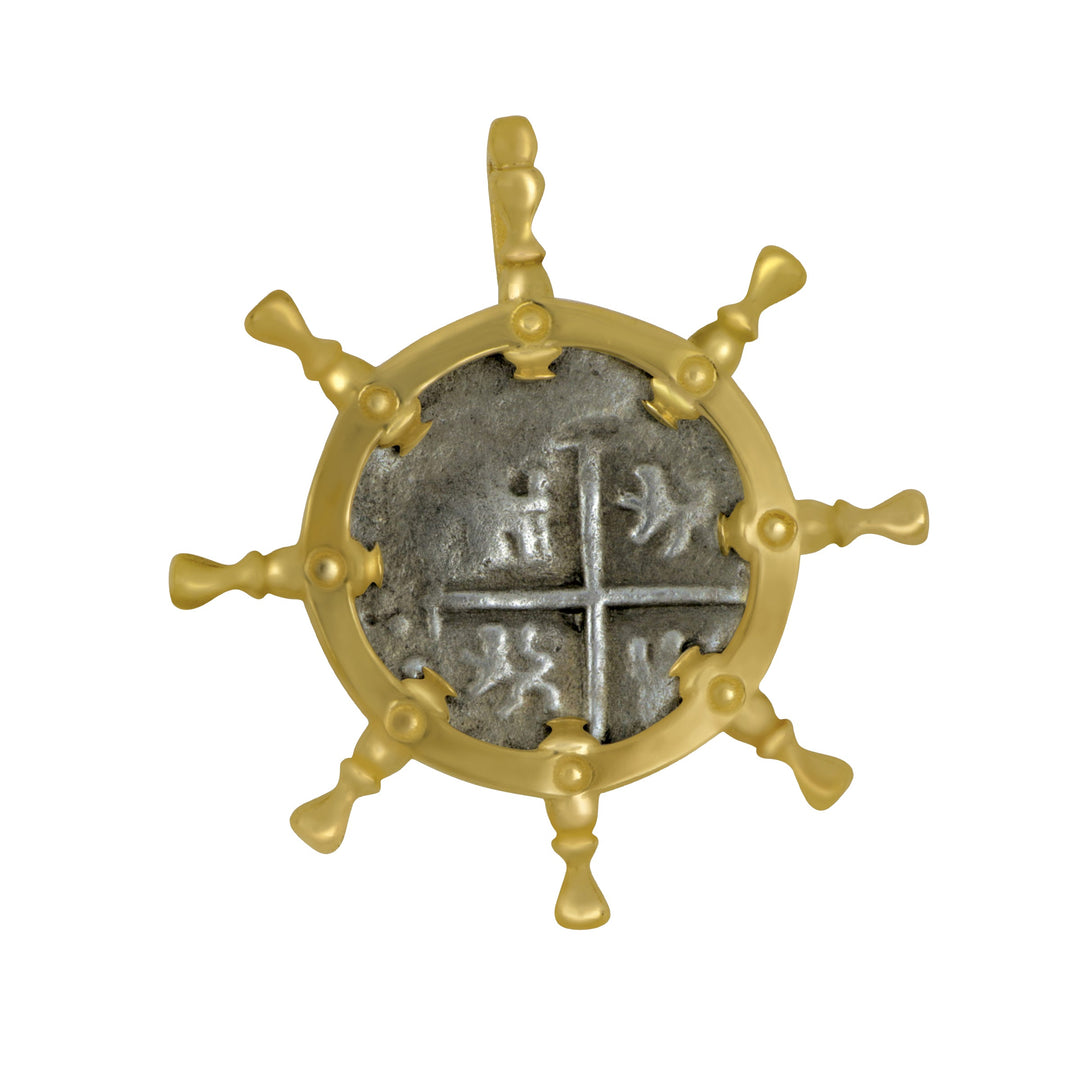 1/2 Reale 1.0GR Spanish Coin with 14kYellow Gold Ship Wheel Bezel Pendant