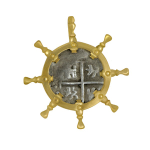 1/2 Reale 1.0GR Spanish Coin with 14 Karat Yellow Gold Ship Wheel Bezel Pendant