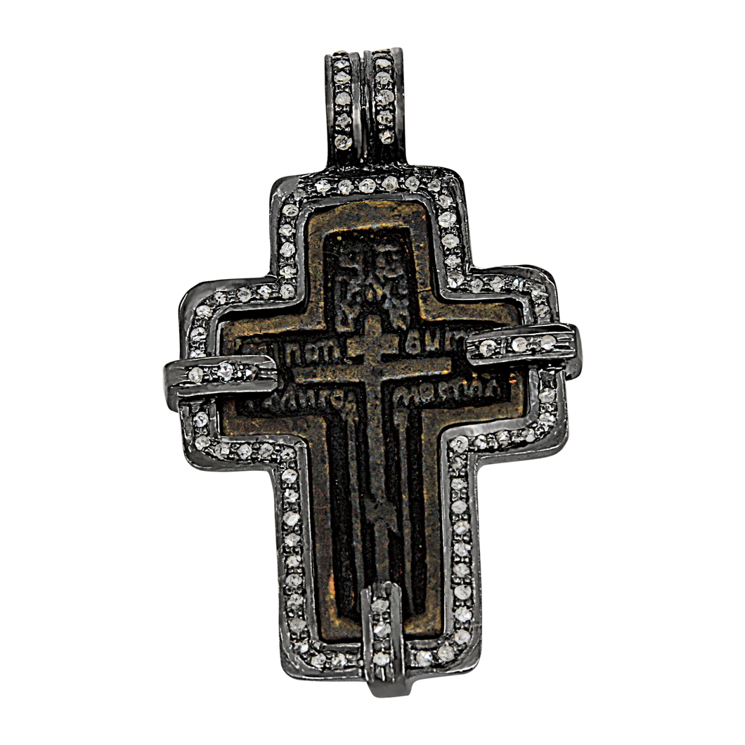 Sterling Silver 1740-1860 Russian Orthodox Brass Cross with Diamonds Pendant