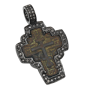 Sterling Silver 1680 Novgorod Russian Orthodox Cross with Diamonds Pendant