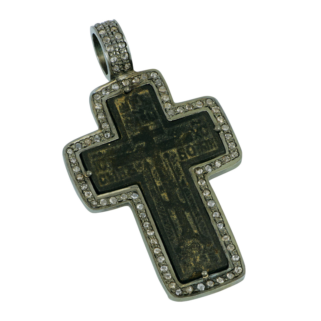 Sterling Silver Russian Orthidox Cross circa 1740-80 Diamond frame Pendant, D=0.74tw