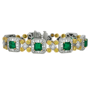 Estate Platinum and 18 karat yellow gold Emerald, Diamond and Yellow Diamond Bracelet, Em=11.48tw White D=5.10tw Yellow D=1.60tw
