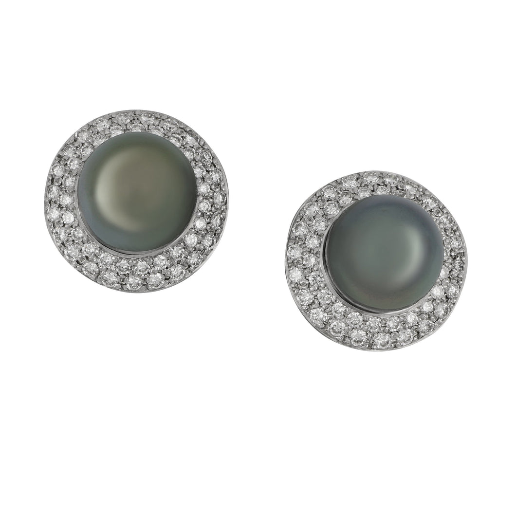 Estate 18 karat white gold 13.5mm Tahitian Pearl Pave Diamond Earrings, D=1.84tw