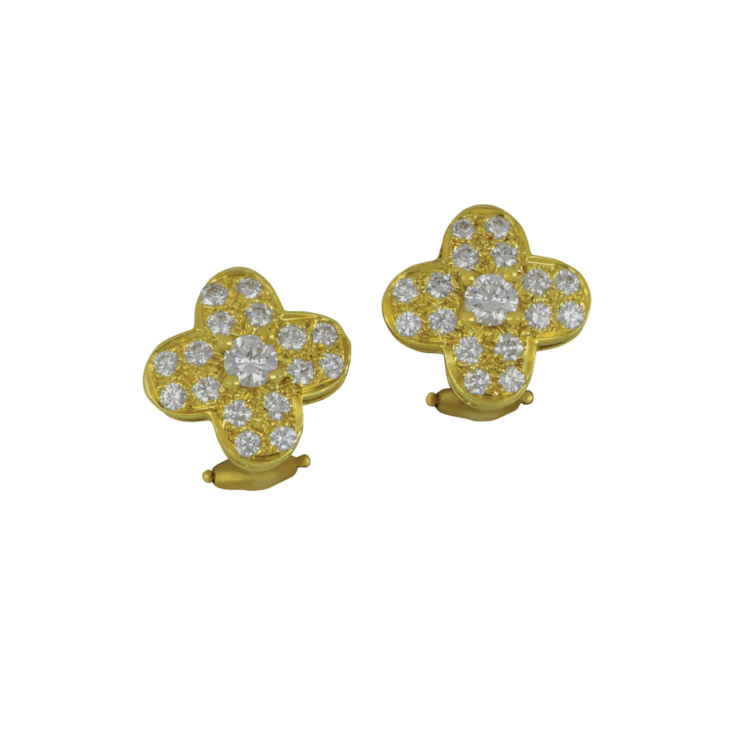 Estate 18 karat yellow gold Diamond Pave Flower Earrings, D=0.88tw