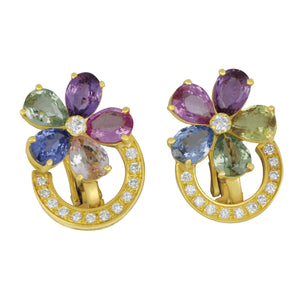 Estate Bvlgari 18 karat yellow gold Multi Color Sapphire and Diamond Flower Earrings, SA=15.75tw D=1.03tw