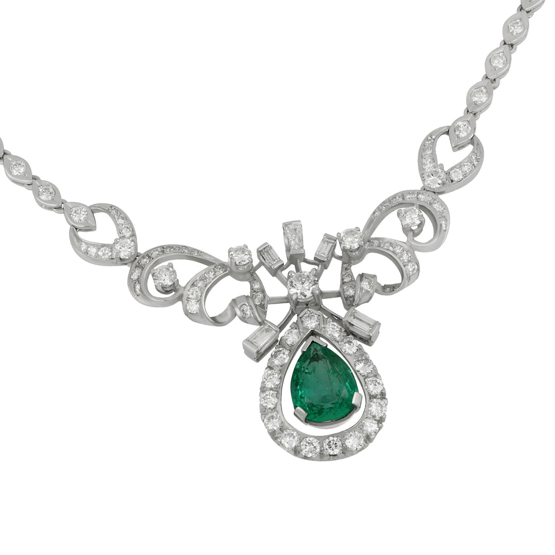 Estate Platinum Pear Shape Emerald and Round and Baguette Diamond Necklace 16", Em=3.07ct D=3.86tw