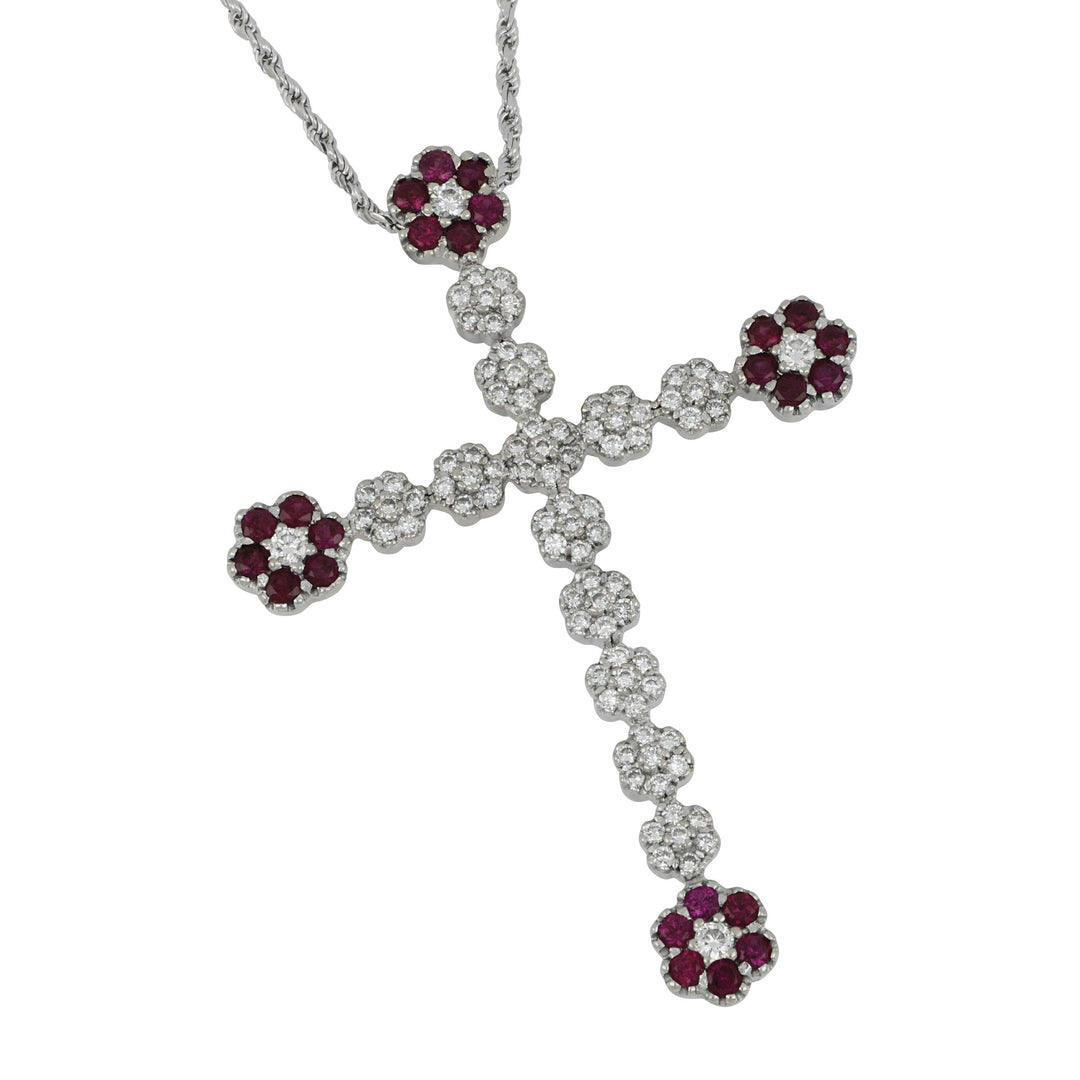 Estate 14 karat white gold Ruby and Diamond Cross Pendant 17", Ru=1.20tw D=1ctw