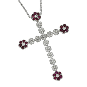 Estate 14 karat white gold Ruby and Diamond Cross Pendant 17", Ru=1.20tw D=1ctw