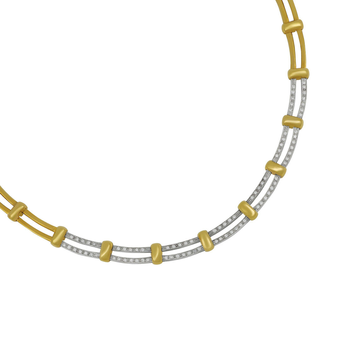 Estate 18k Yellow and White Gold Two-Row Diamond Bar Necklace 18", D=1.40tw