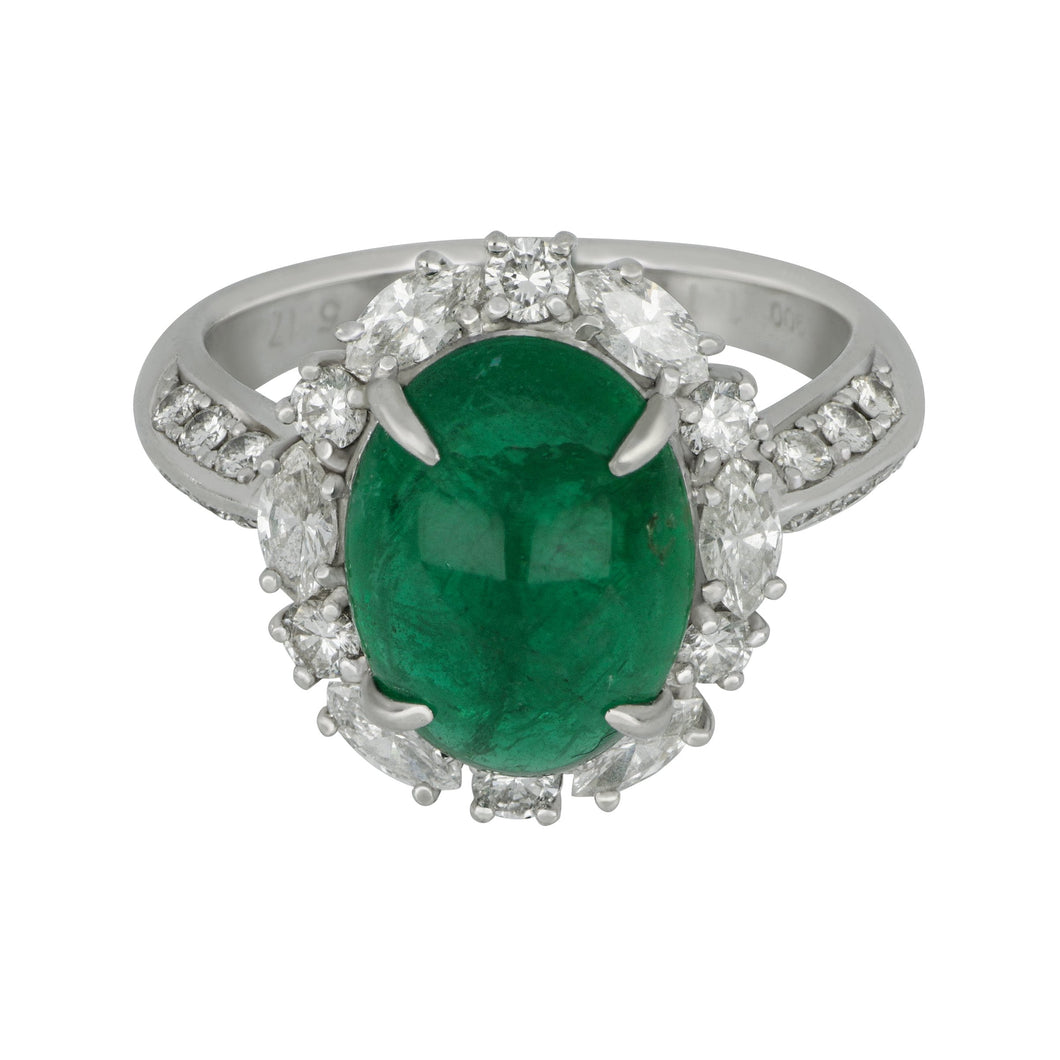 Estate Platinum Oval Cabachon Emerald and Diamond Ring, Em=5.17ct D=1.11tw, Size 7.5