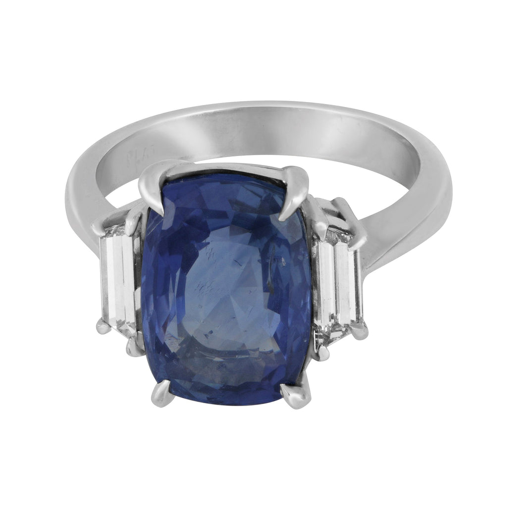 Estate Platinum three stone Cushion Sapphire (GIA No Heat) and Trapazoid Diamond Ring, SA=9.07ct D=0.60tw, Size 7.5