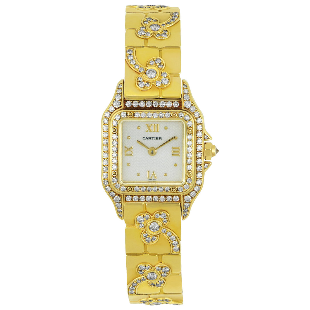 Estate Cartier 18 karat yellow gold Diamond Bezel Diamond Flower Motif Bracelet Watch
