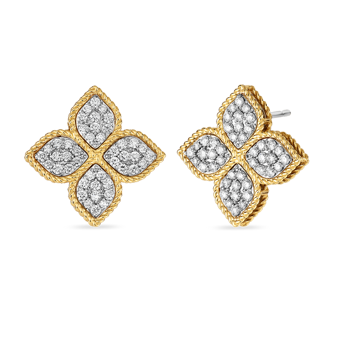 Roberto Coin 18 karat yellow and white gold Large Princess Flower Diamond Post earrings, D=0.90tw