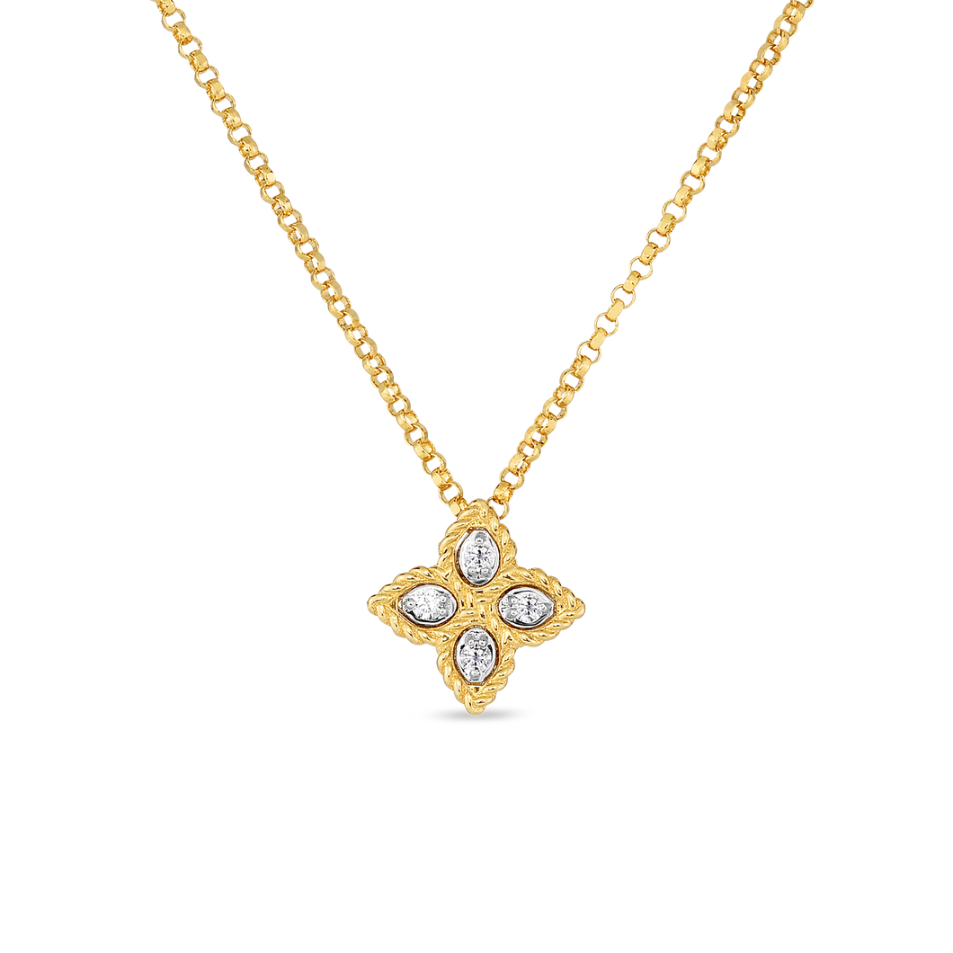 Roberto Coin 18 karat yellow and white gold Small Princess Flower Diamond Pendant 16-18