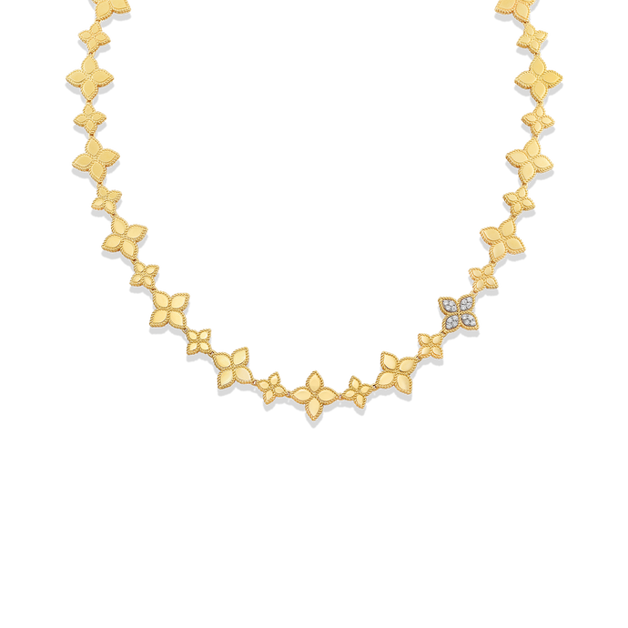 Roberto Coin 18 karat yellow gold Medium and Small Princess Flower 1 Diamond station Necklace 16