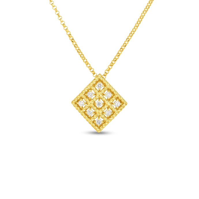 Roberto Coin 18 karat yellow gold 3x3 Diamond Byzantine Barocco Pendant 16-18