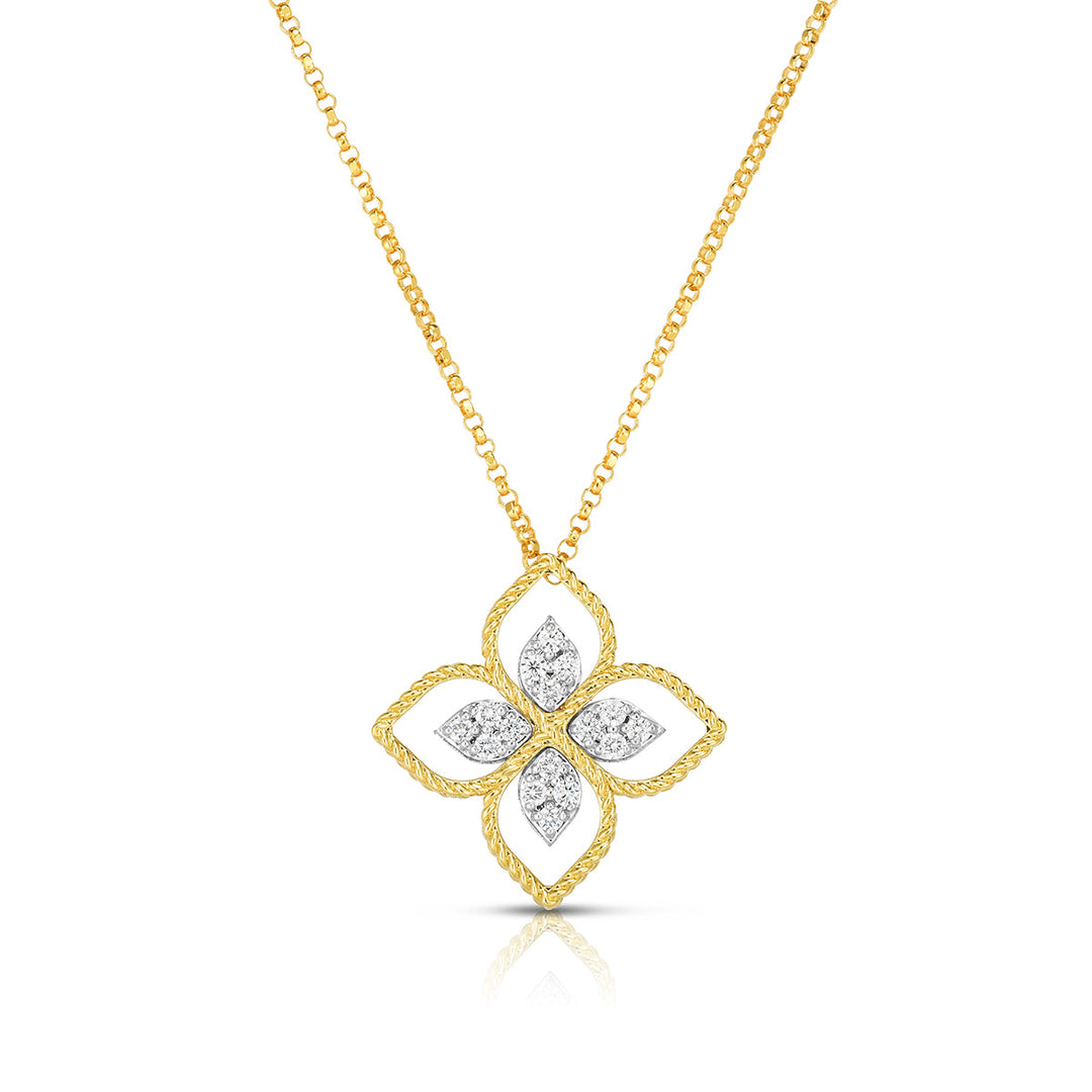 Roberto Coin 18k Yellow & White Gold Large Principessa Princess Flower Necklace 16-18" Adjustable Chain (D=.16)