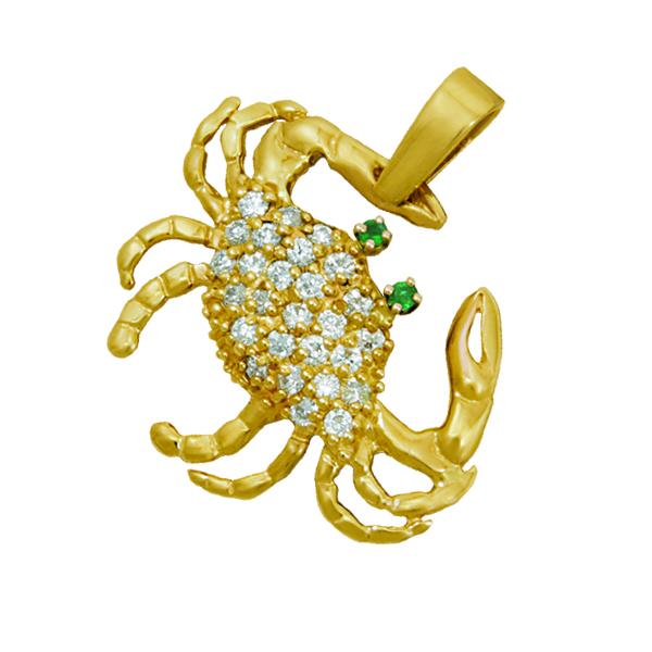 14k Yellow Gold Medium Diamond Pave Crab Pendant with Emerald Eyes, D=.54tw