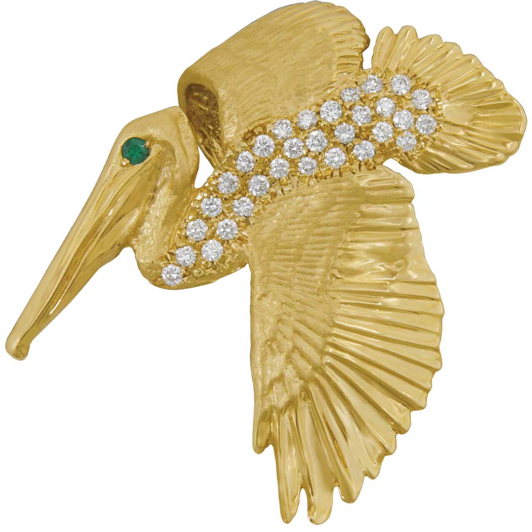 14 Karat Yellow Gold Large Pelican Pendant With Diamonds and Emerald Eye, Dias=.62tw