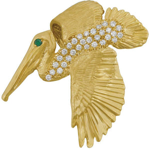 14k Yellow Gold Large Pelican Pendant With Diamonds and Emerald Eye, D=.62tw