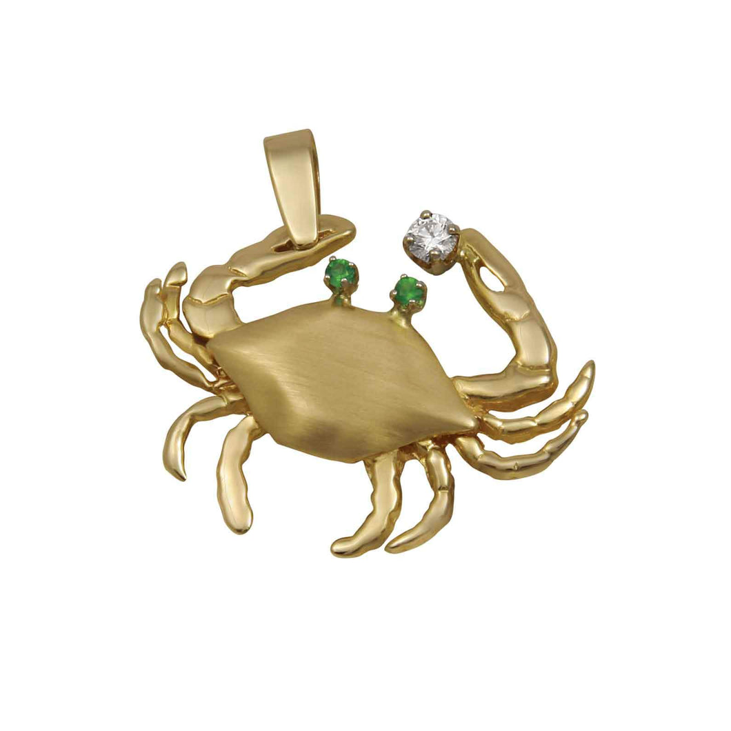 14k Yellow Gold Medium Crab with Emerald Eye Pendant, D=.10tw