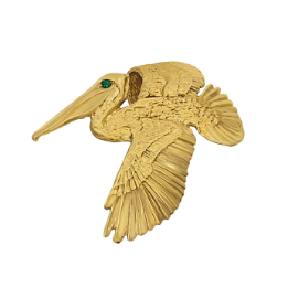 14k Yellow Gold Flying Pelican Pendant with Emerald Eye