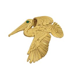 14k Yellow Gold Flying Pelican with Emerald Eye Pendant