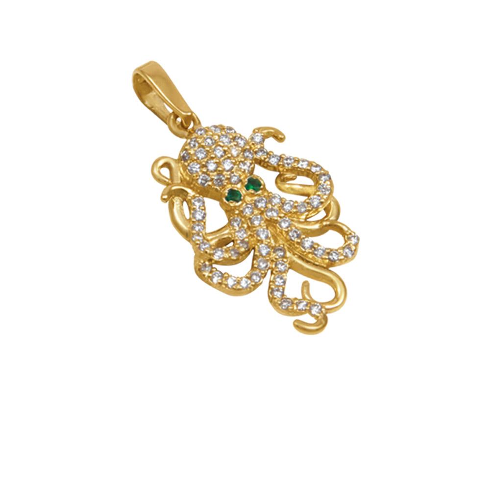 14k Yellow Gold "Sea Jewels" Pavé Diamond Octopus Pendant with Emerald Eyes, D=.38tw