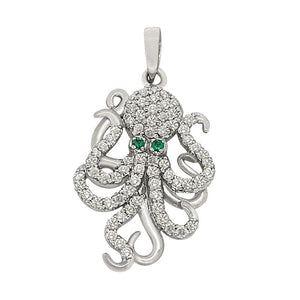 14k White Gold "Sea Jewels" Diamond Pavé Octopus with Emerald Eyes Pendant, D=.38tw