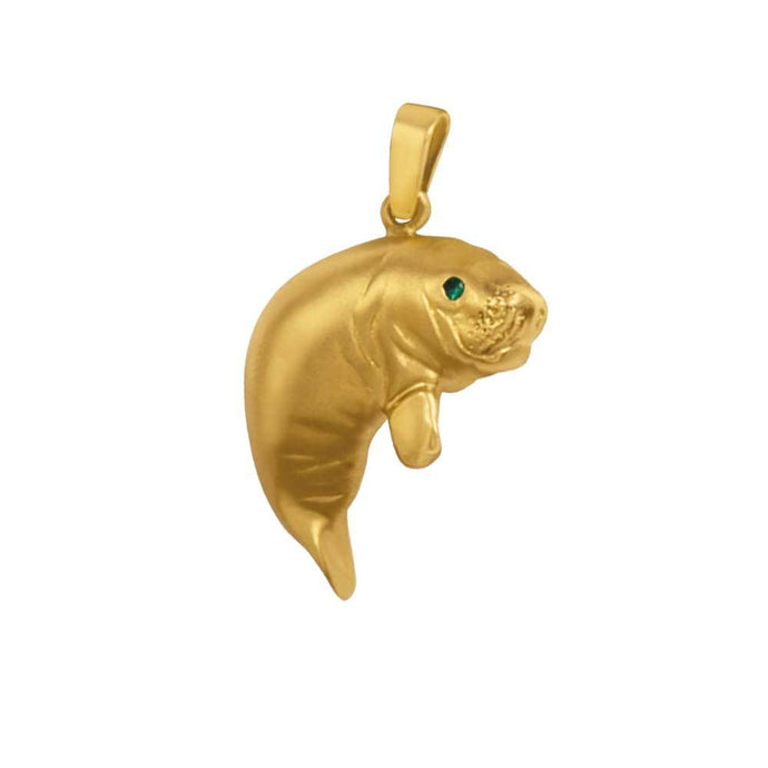 14k Yellow Gold Full Body Manatee with Emerald Eye Pendant