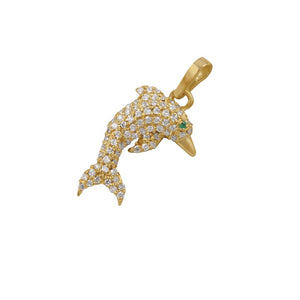 14k Yellow Gold "Sea Jewels" Diamond Pavé Dolphin with Emerald Eye Pendant, D=.46tw