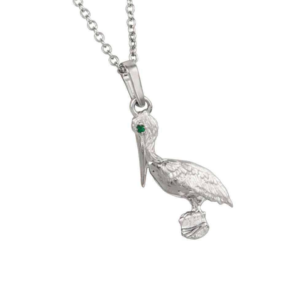 14k White Gold Pelican with Emerald Eye Pendant