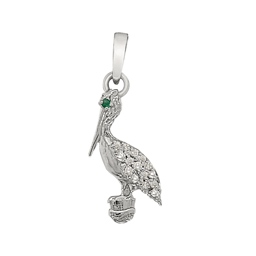 14k White Gold "Sea Jewels" Pavé Diamond Pelican with Emerald Eye Pendant, D=.09tw