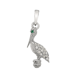 14k White Gold "Sea Jewels" Diamond Pavé Pelican with Emerald Eye Pendant, D=.09tw