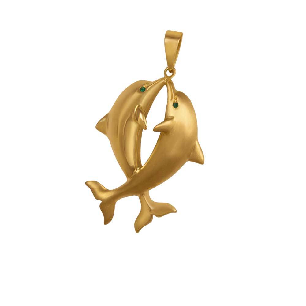 14k Yellow Gold Large Kissing Dolphin with Emerald Eye Pendant